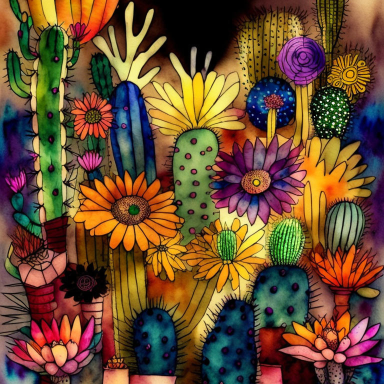 Colorful watercolor painting of whimsical cacti and succulents with blooming flowers