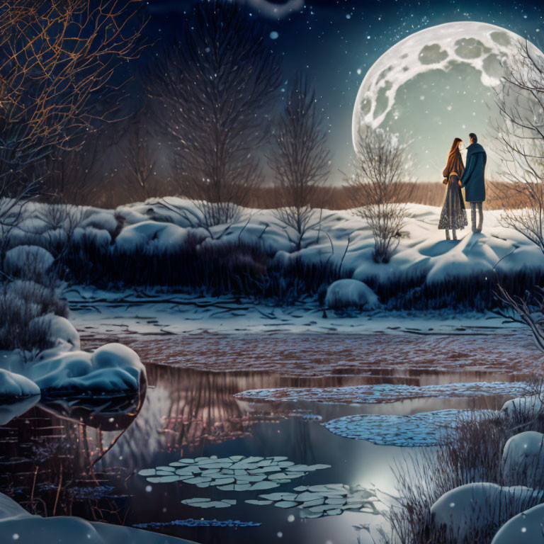 Couple by snowy lakeside under full moon in winter scenery