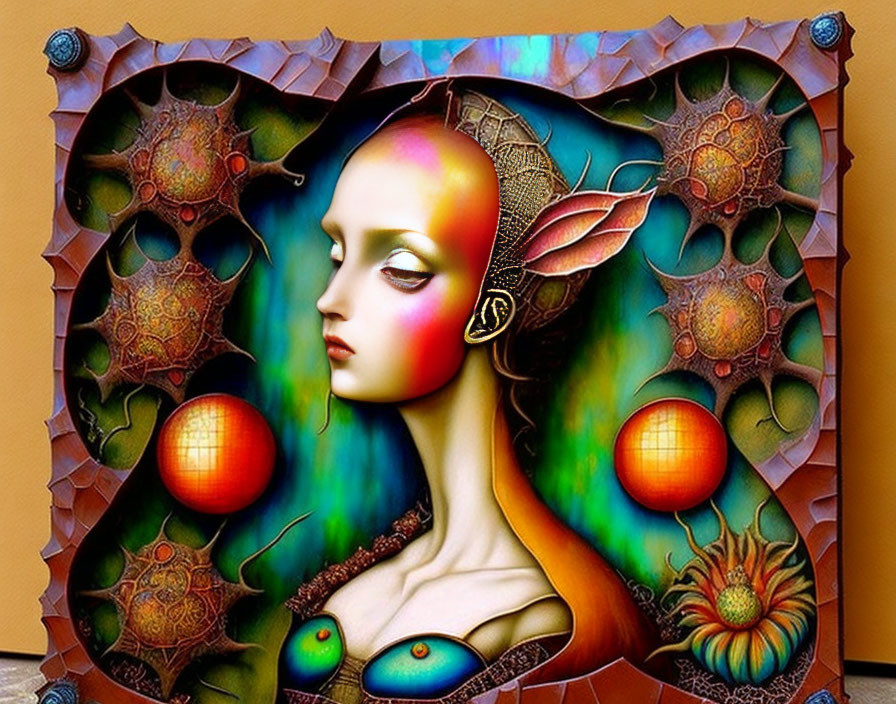 Colorful surreal artwork featuring woman with geometric patterns and orbs