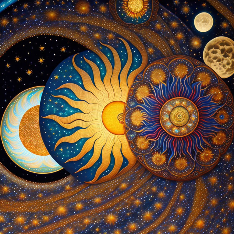 Colorful Artwork of Sun, Moon, and Stars with Cosmic Patterns