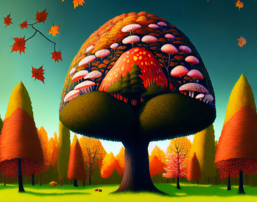 Colorful autumnal forest illustration with mushroom tree center