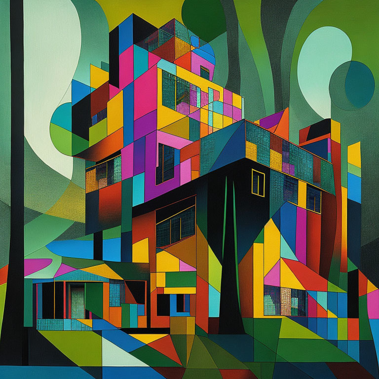 Vibrant geometric abstraction of a building with sharp lines