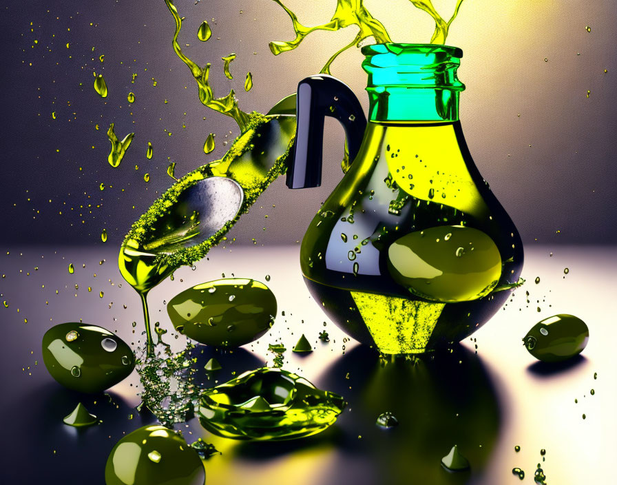 Colorful Image: Olive oil pouring from jug with splashes and olives on purple-yellow gradient.