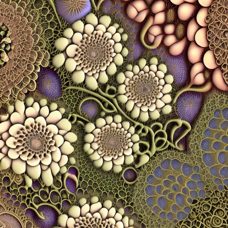 Intricate Purple, Brown, and Gold Fractal Flower Patterns