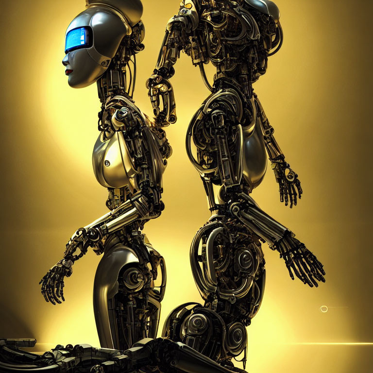 Highly Detailed Humanoid Robots on Golden Yellow Background