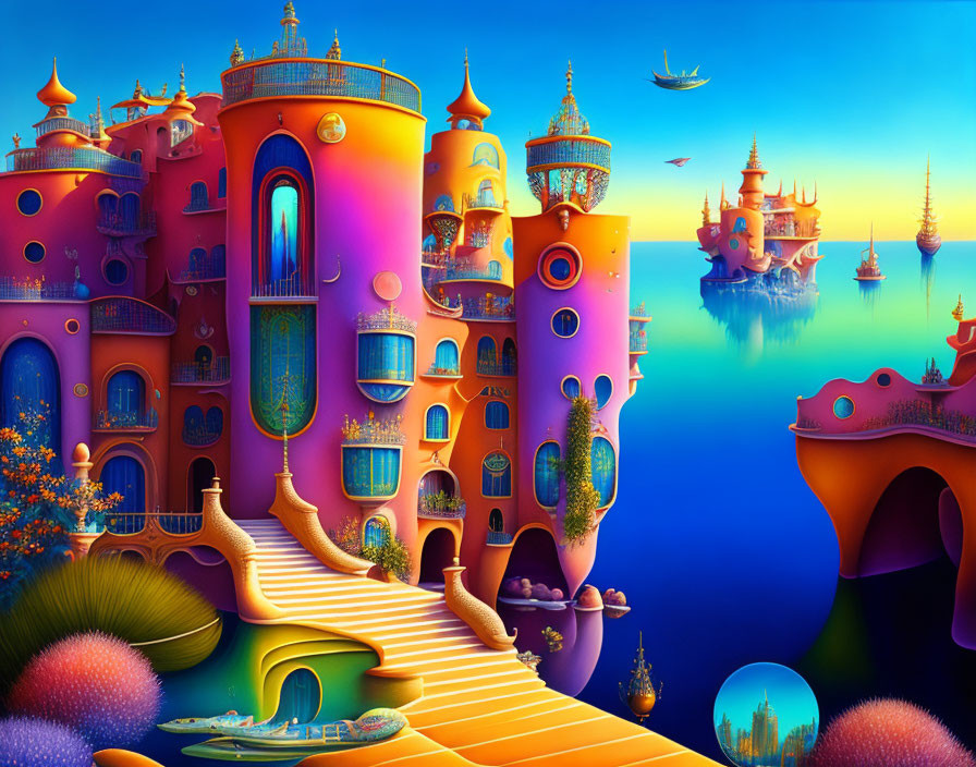 Colorful Fantasy Landscape with Flying Boats and Whimsical Architecture