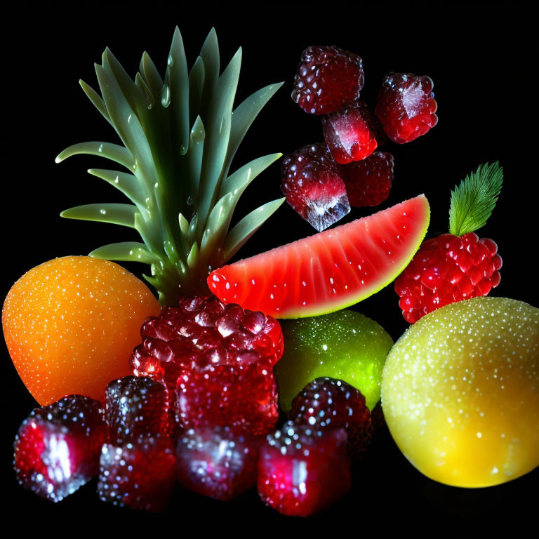 Colorful Fresh Fruits: Pineapple, Watermelon & Berries on Dark Background