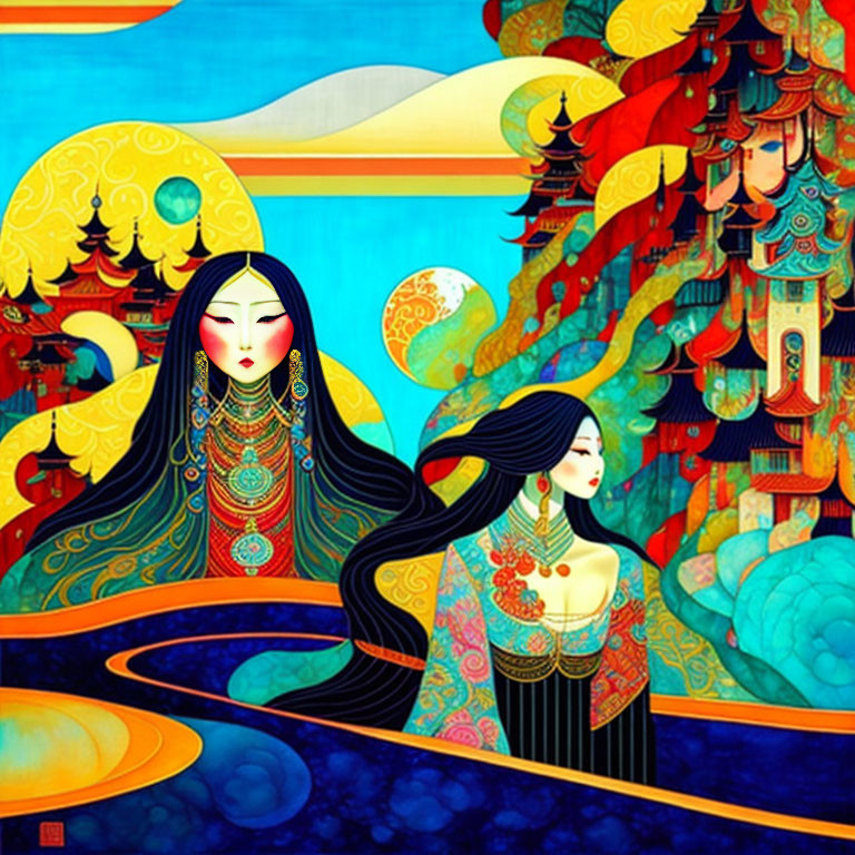 Colorful illustration of two stylized women in traditional Asian attire on fantastical landscape