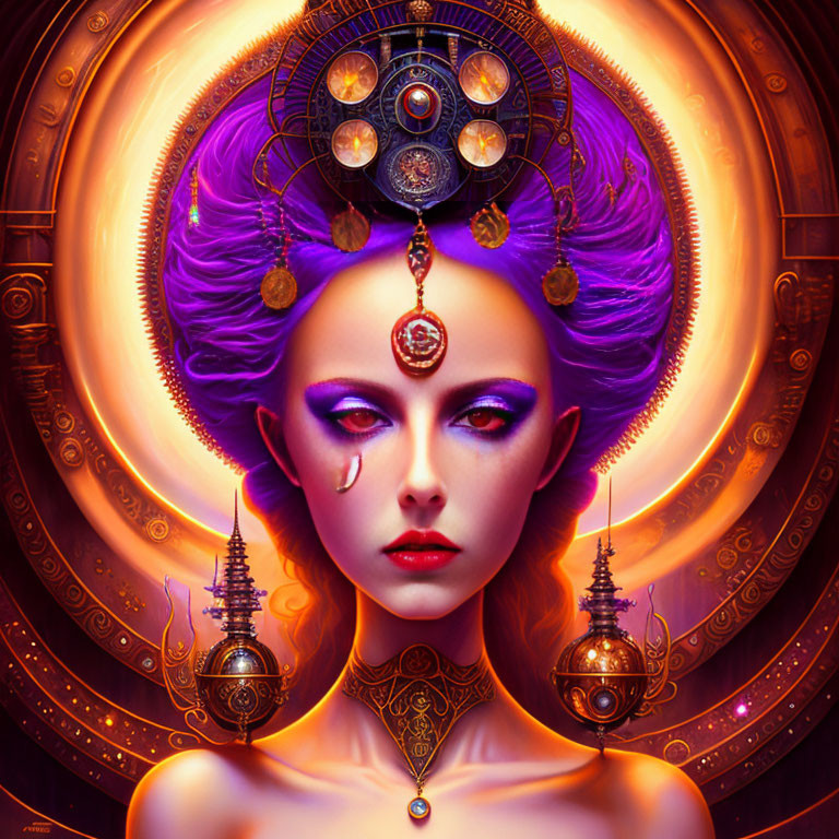 Detailed portrait of woman with purple hair and golden headpiece in mystical setting