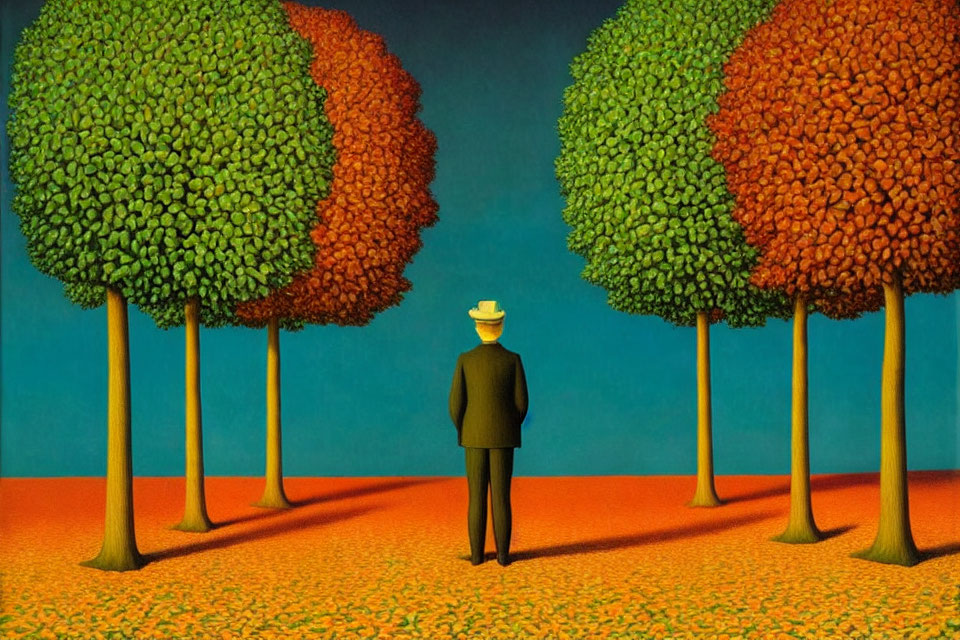 Person in suit and hat between colorful trees on orange ground.