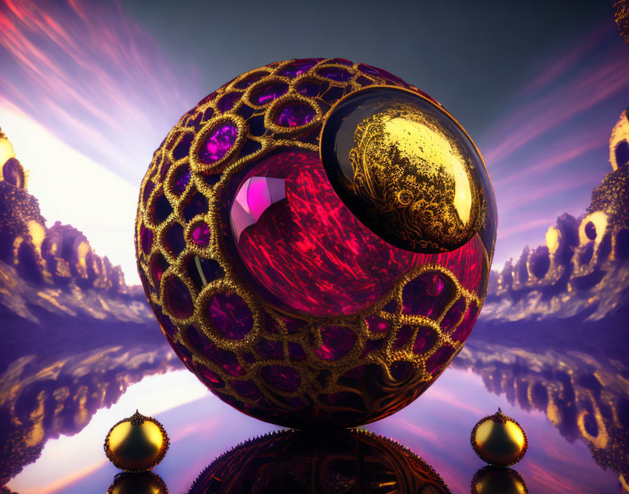 Intricate 3D illustration of ornate hollow sphere with purple gems and reflective gold sphere on