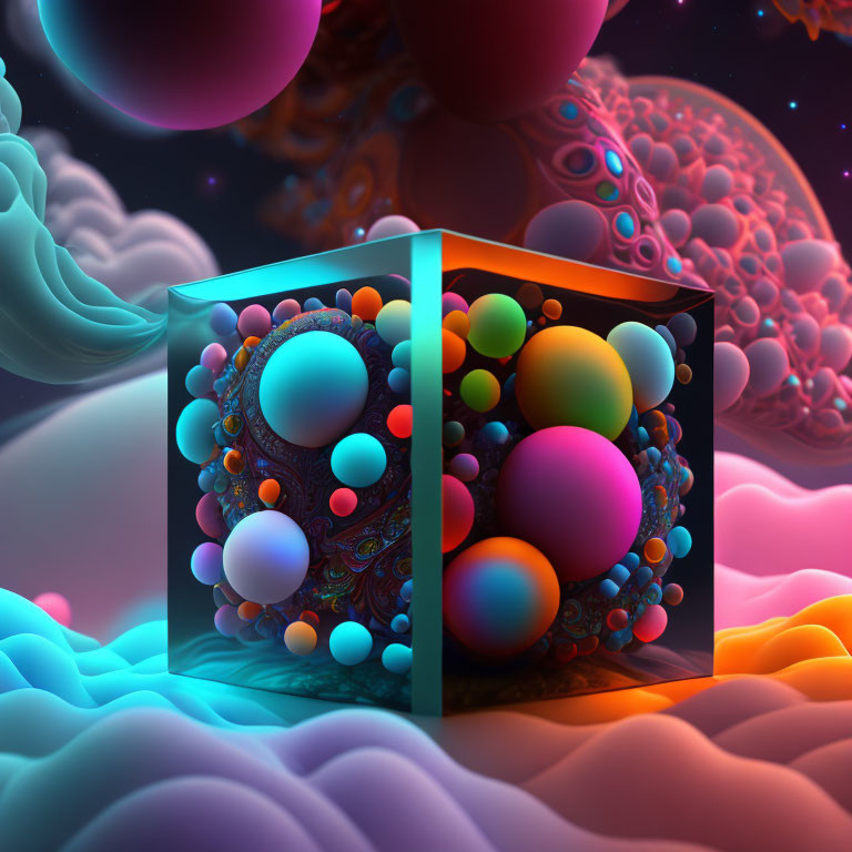 Colorful 3D cube with fractal pattern and spheres on neon landscape