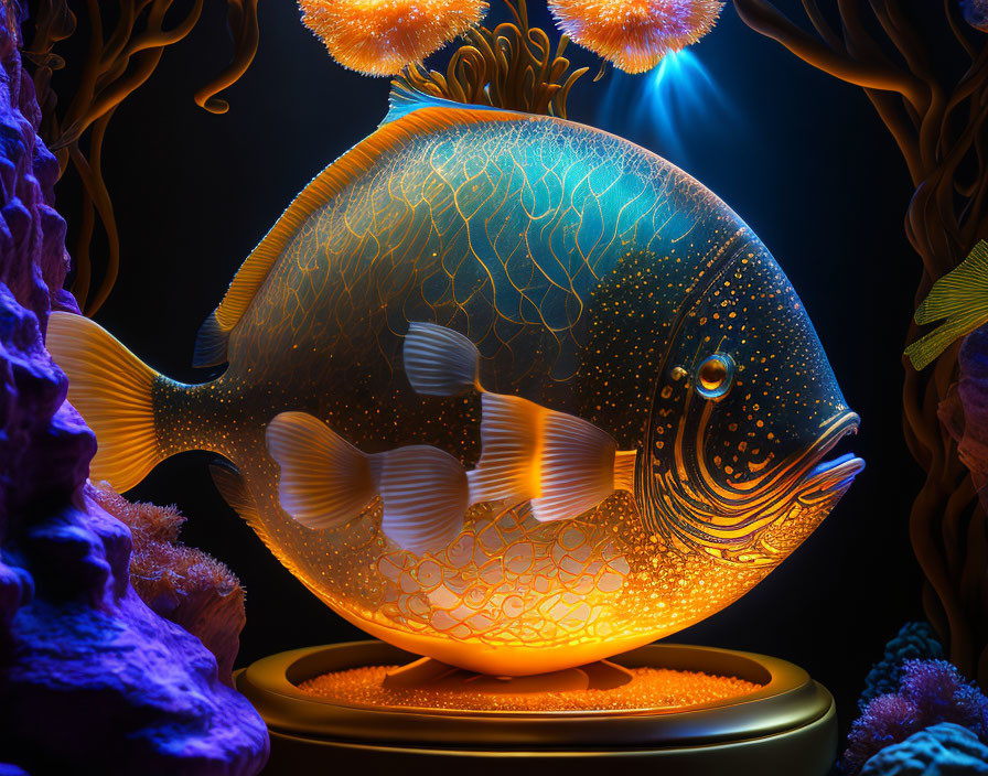 Colorful digital artwork featuring gold and black patterned fish in coral reef setting.