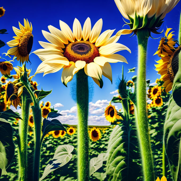 Bright sunflowers under blue sky and fluffy clouds