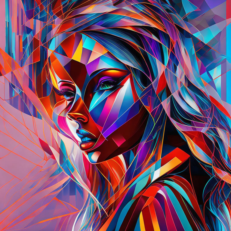 Colorful abstract geometric overlay on woman's face.