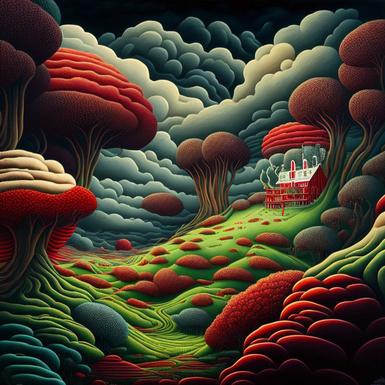 Vibrant surreal landscape with tree-like formations and red house