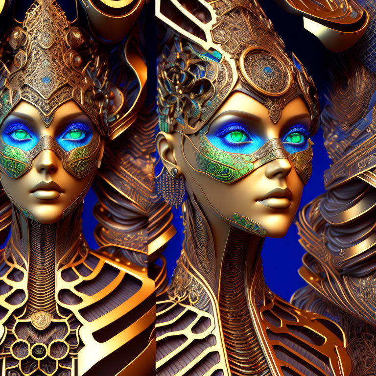 Stylized female figure with metallic headgear and glowing eyes on golden mechanical backdrop