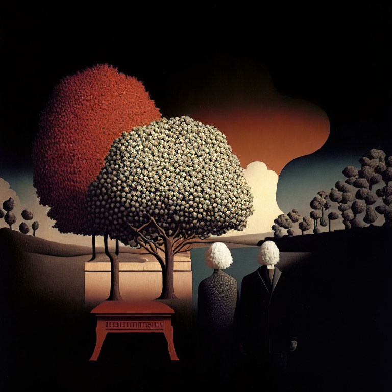 Surreal painting featuring two figures in a landscape with stylized trees and clouds in a vivid red