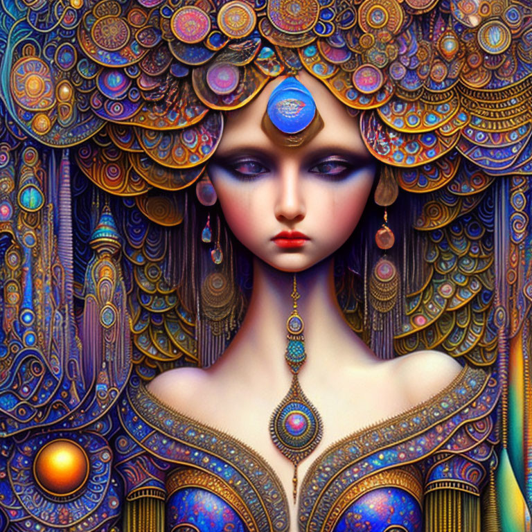 Colorful digital artwork featuring a woman with intricate jeweled headgear and mandala-like patterns