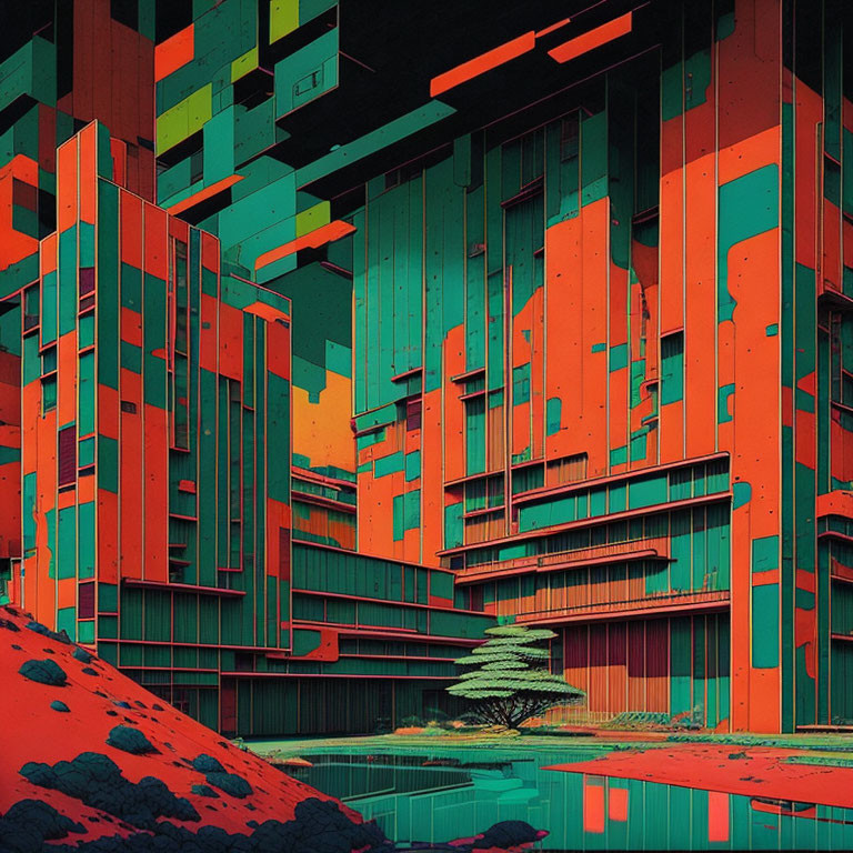 Futuristic cityscape digital artwork in red and teal hues