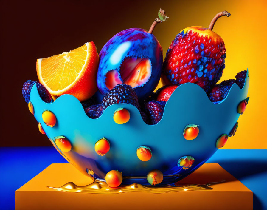 Colorful still life featuring blue bowl, textured fruit, sliced orange, yellow platform, and dual blue