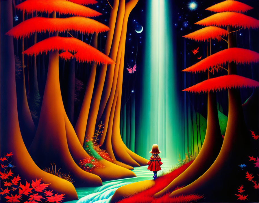 Stylized girl in red dress with mystical blue light in vibrant forest