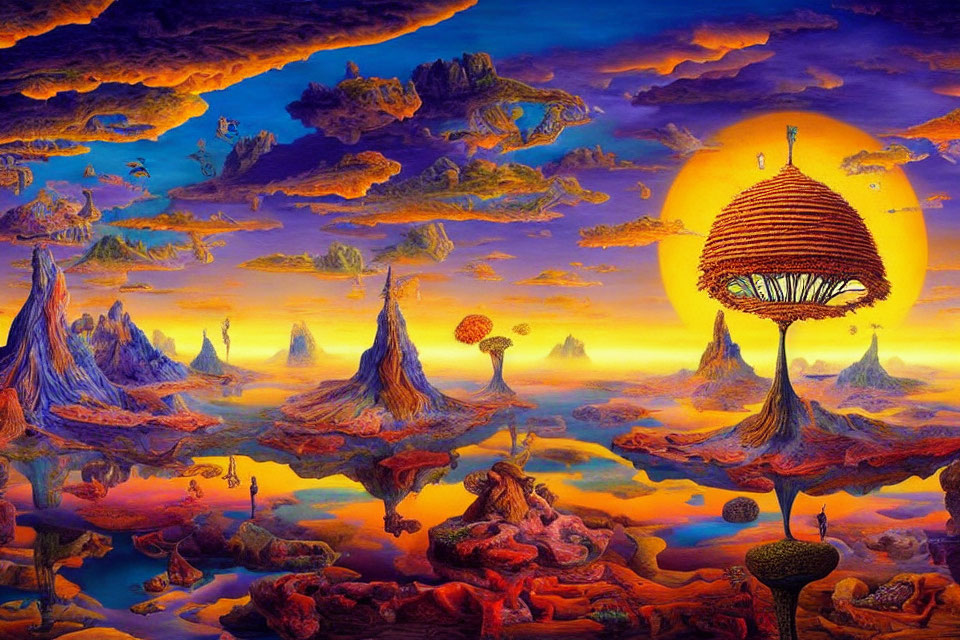 Fantastical landscape with floating islands and large sun structure