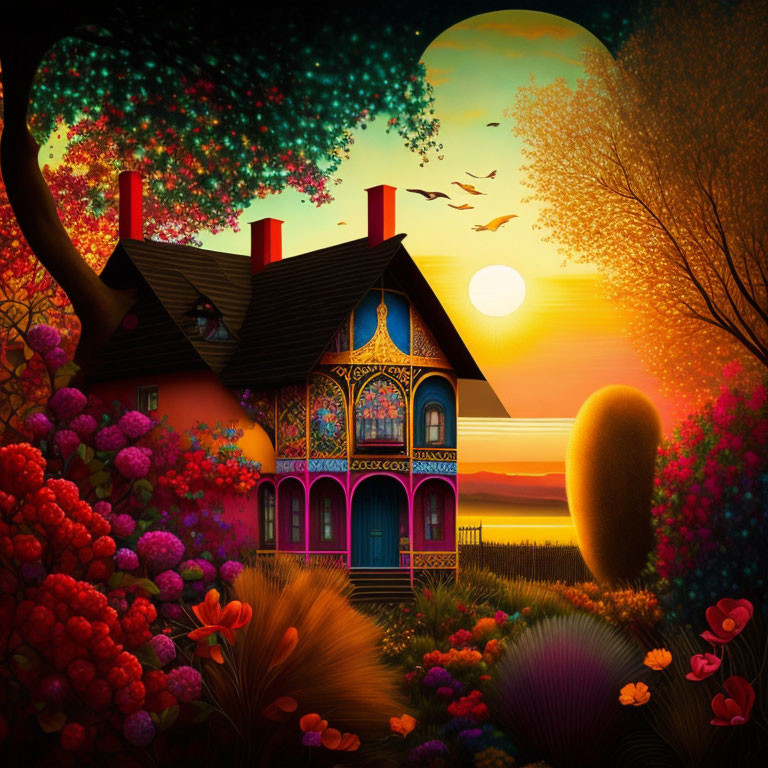 Whimsical cottage in lush flora under magical sunset sky