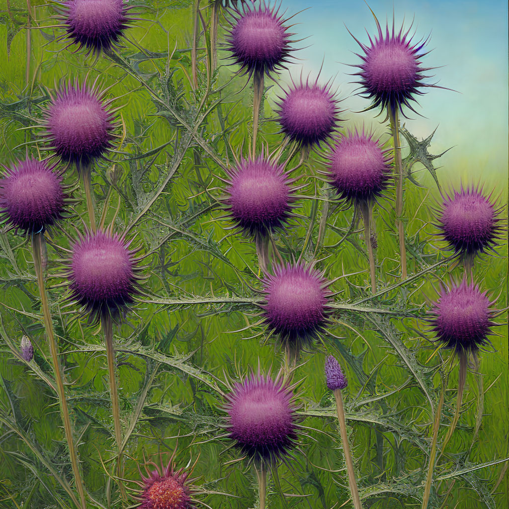 Purple spiky thistle plant with green leaves on blue background