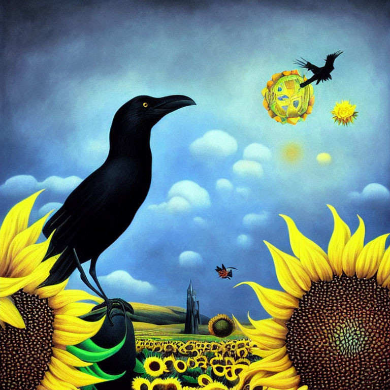 Black raven among sunflowers and blue sky with dreamlike orb and birds