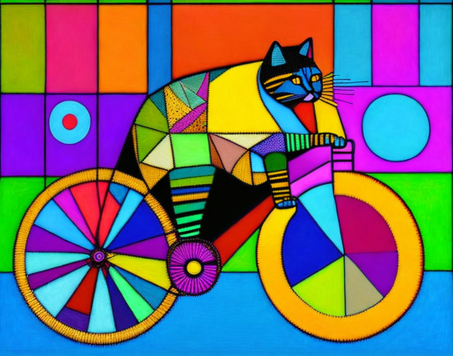 Colorful Geometric Cat Riding Bicycle Artwork with Mosaic Background