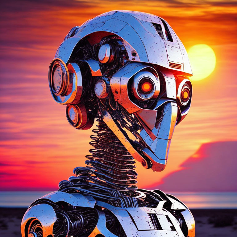 Detailed Robot with Humanoid Head on Sunset Beach Background