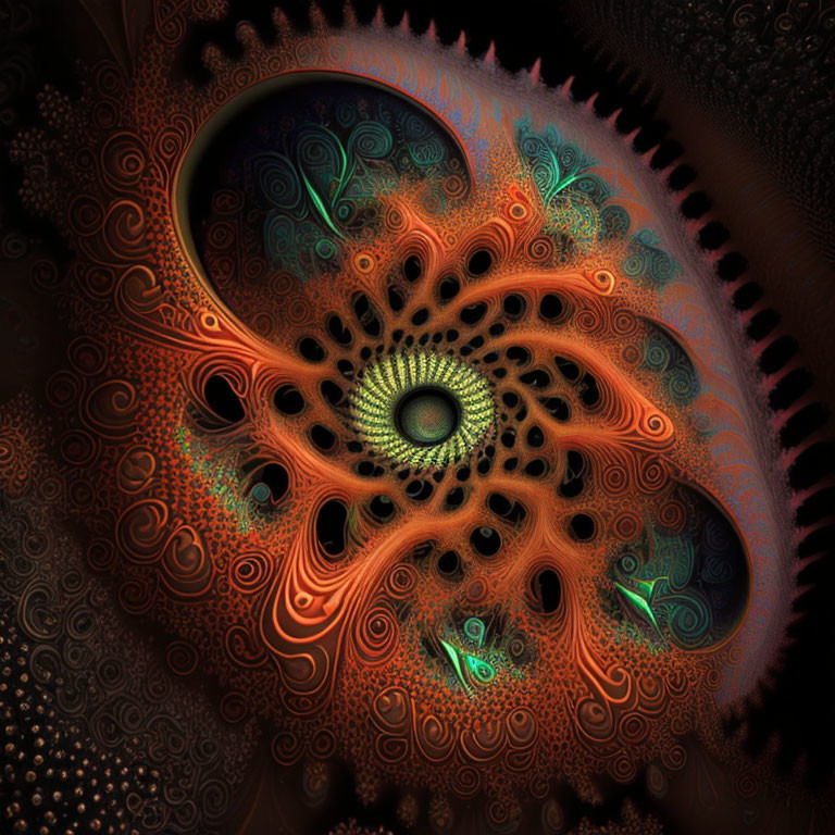 Intricate Fractal Design with Swirl Pattern in Orange, Green, and Black