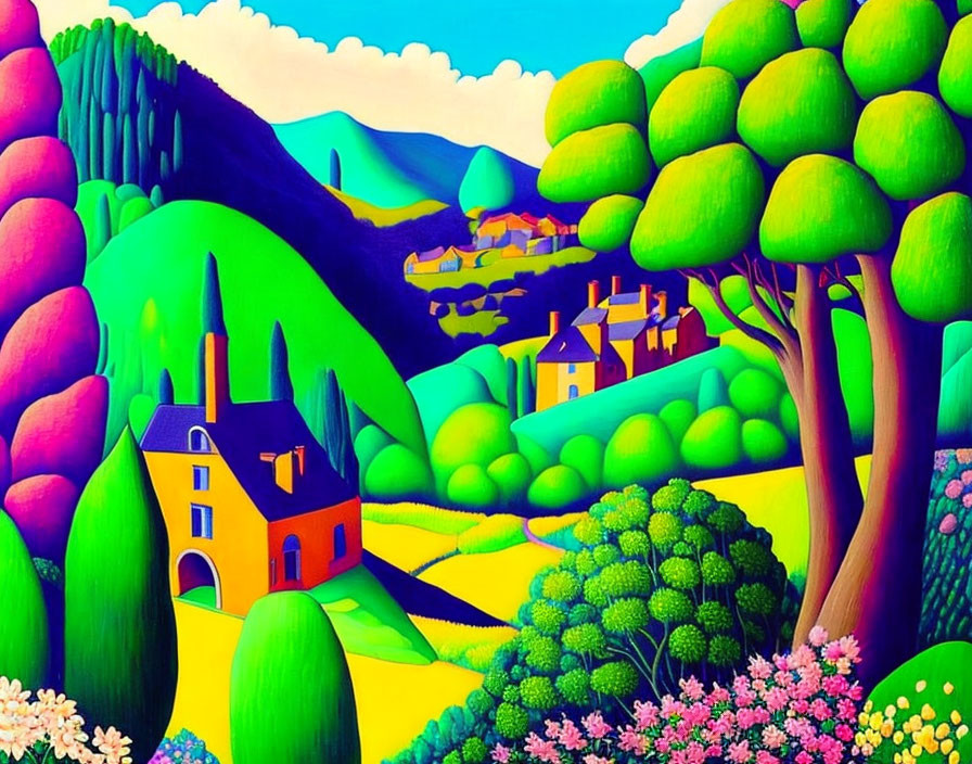 Colorful Landscape Painting with Curving Hills and Quaint Houses