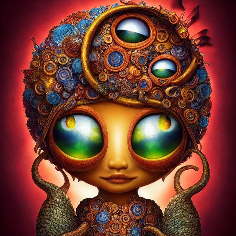 Surreal character illustration with large green eyes and intricate hairdo on red backdrop