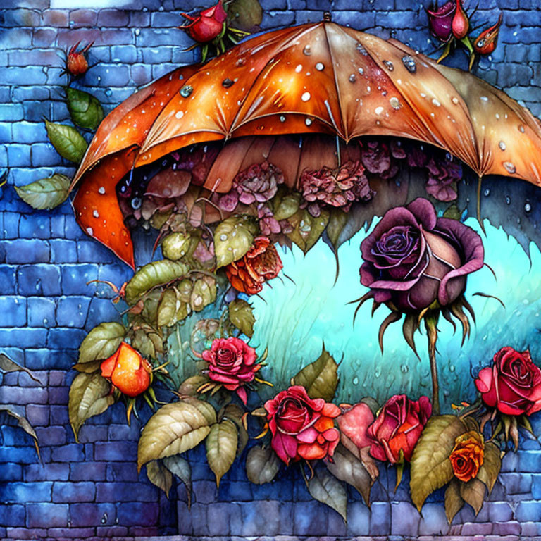 Detailed floral umbrella illustration with blooming roses on blue cobblestone.