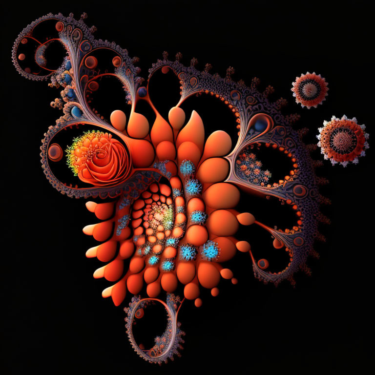 Colorful Fractal Art: Floral and Spiral Patterns in Orange and Blue