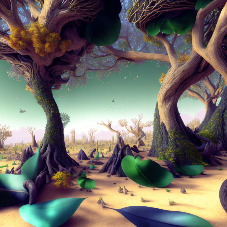 Fantastical Landscape with Twisting Trees and Oversized Leaves