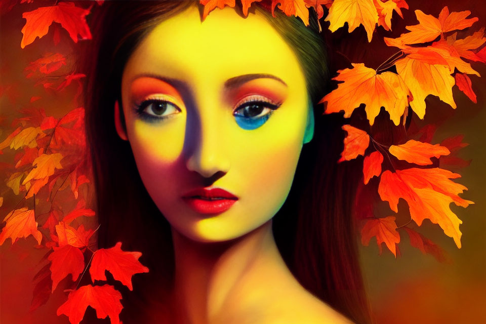 Colorful Woman Portrait with Autumn Leaves and Vibrant Makeup