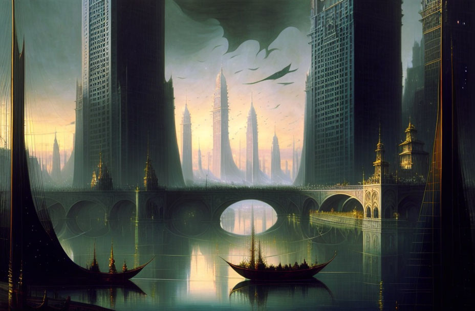 Futuristic cityscape at dusk with skyscrapers, arched bridge, and galleon
