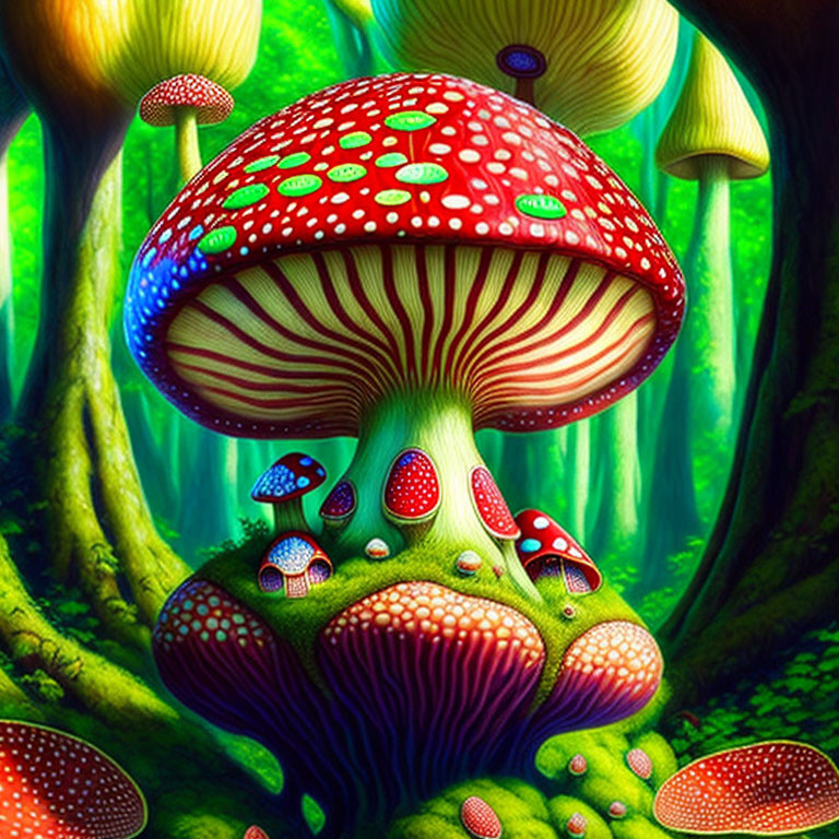 Fantasy forest scene with oversized, whimsical mushrooms and luminous green trees