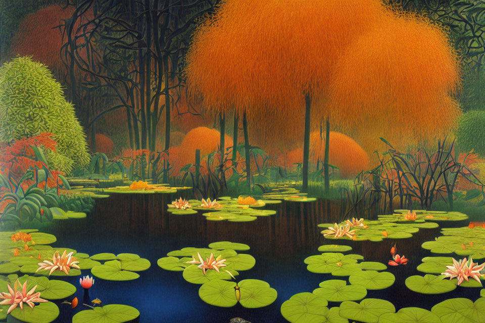 Tranquil pond with vibrant water lilies and lush trees in various shades