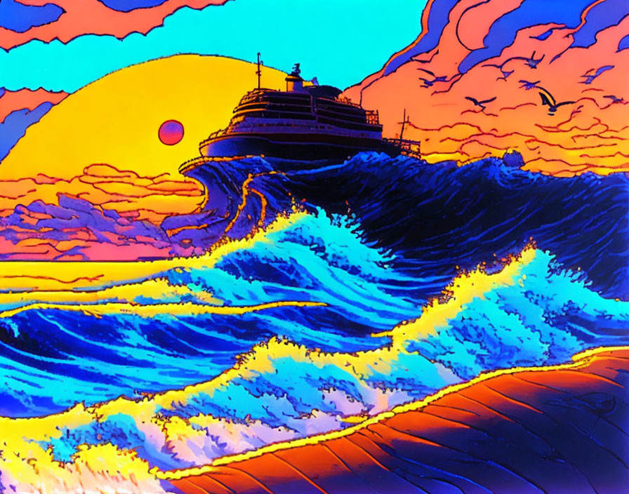 Colorful illustration of large ship on ocean waves at sunset