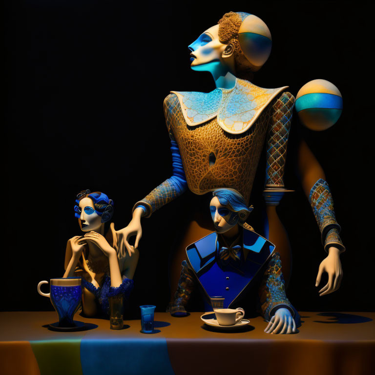 Stylized mannequins in blue costumes at table with teacup and glass