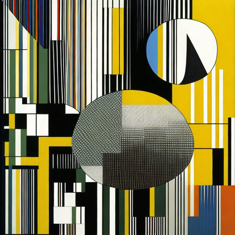 Colorful Geometric Painting with Stripes, Squares, Circles, and Grid on Yellow