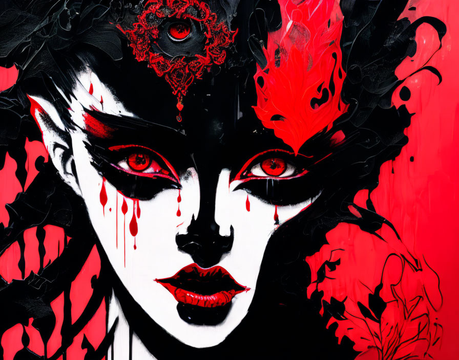 Mystical woman with red eyes and fluid patterns