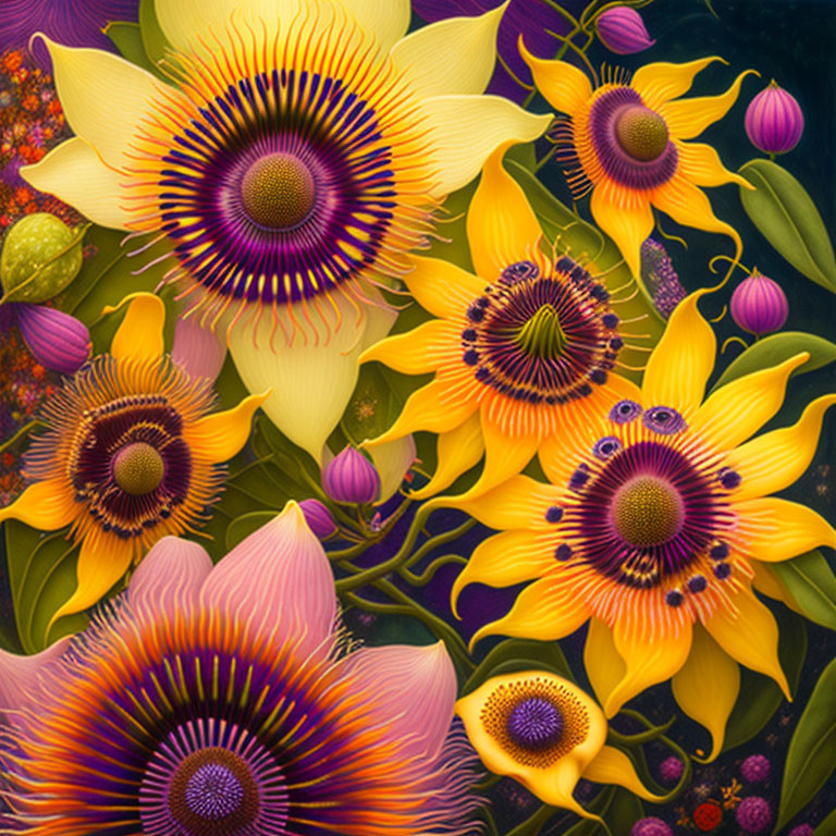 Colorful digital artwork: Yellow & purple stylized flowers on dark background