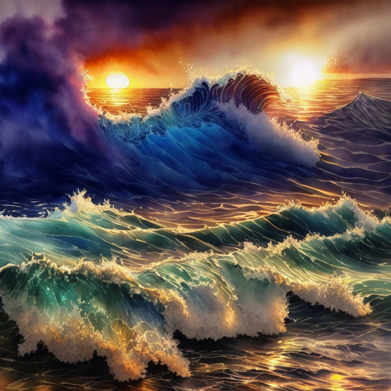 Ocean waves under setting sun, blue, orange, white tones