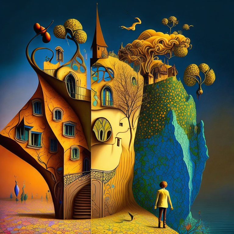 Whimsical surreal landscape with colorful, curving houses and tree-like features