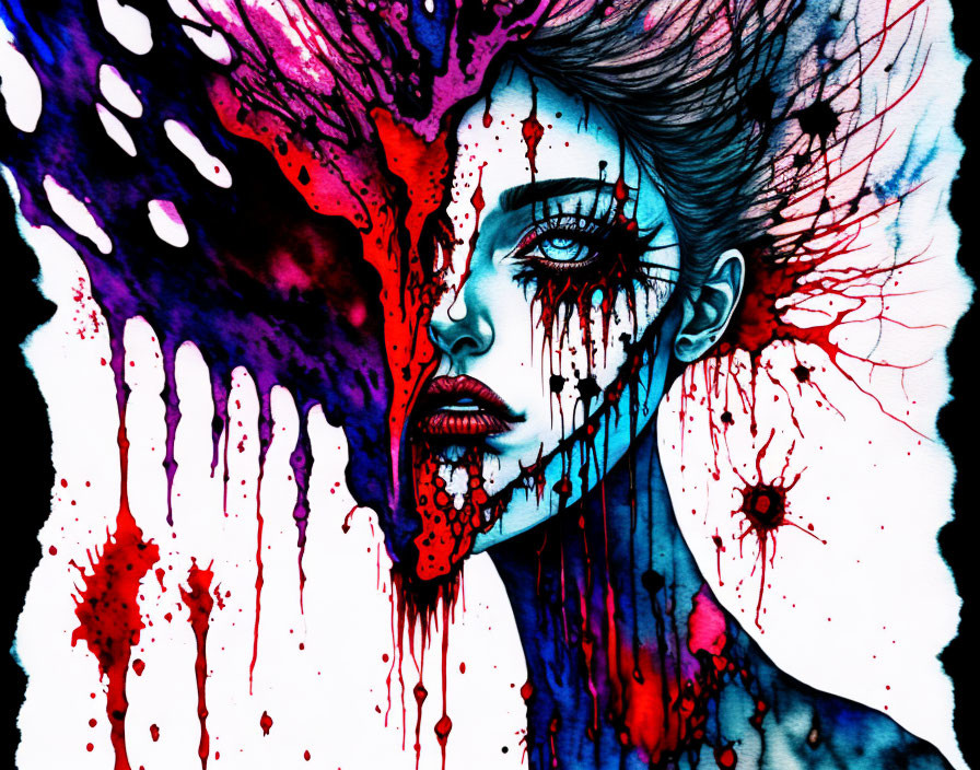 Colorful watercolor portrait with ink-like effect merging purple and red hues